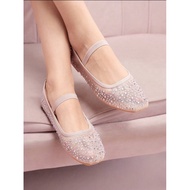 Beige Mesh Rhinestone Mary Jane Flats