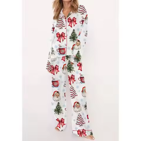 HEZIOWYUN Women's 2 Piece Loungewear Pajamas Set Long Sleeve Christmas Elements Print Shirt Tops +El