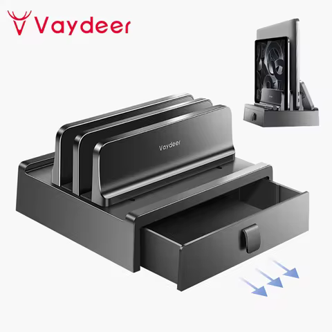 Vaydeer Vertical Laptop Stand with Drawer, Dual Slots Plastic Laptop Holder with Space Saving 4-in-1
