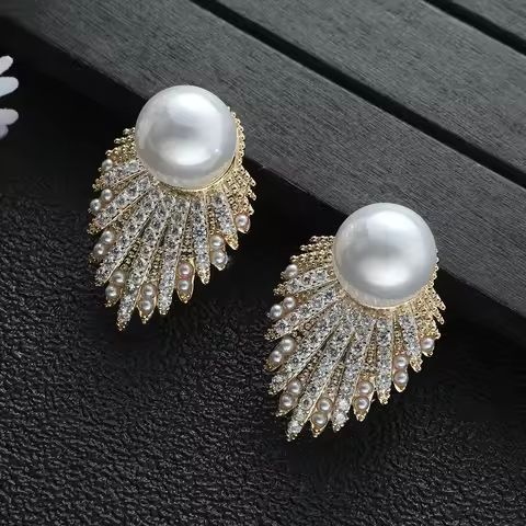 Trendy Fireworks Leaves Shell Pearl Stud Earrings For Women Wedding CZ Brincos Boucle D'oreille Bohe