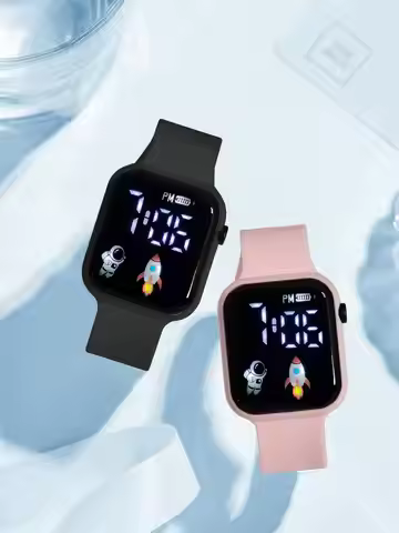 2pcs Kids Square Digital Watch with Space-Themed Display, Silicone Strap
