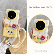 Cute Cartoon Case for Honor Magic V5 V3 Fold with Hand Strap Luxury PU Leather Shockproof Hinge Cove