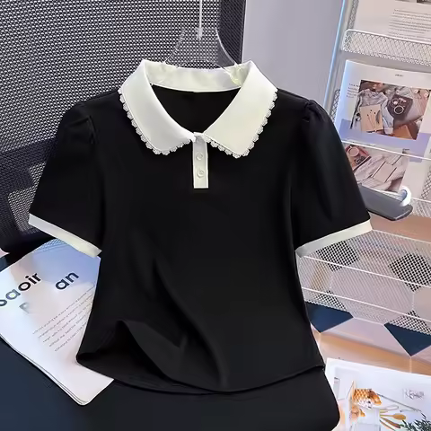 Women Peter Pan Collar Short Sleeve T Shirt Summer New Design False Two Piece Top Blouse