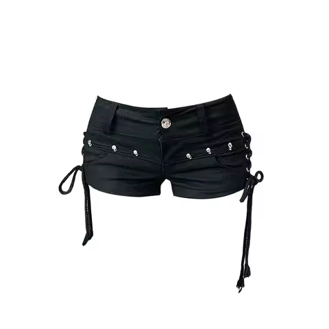 Women's Black Gothic Denim Shorts Vintage Aesthetic Korean Low Waist Jean Shorts Harajuku Y2k Cowboy