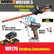 WORX COMBO KIT WG260E.5 CORDLESS HEDGE TRIMMER 20V 61CM C/W WX176 CORDLESS SWITCHDRIVER