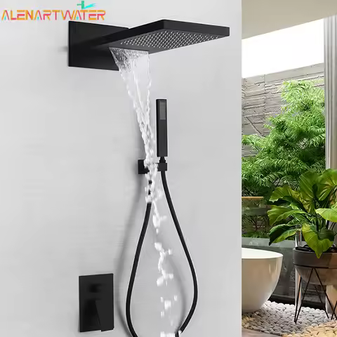 Matte Black Shower Faucet Set Rectangular Dual-function Rainfall Shower Head with Handheld Sprayer G