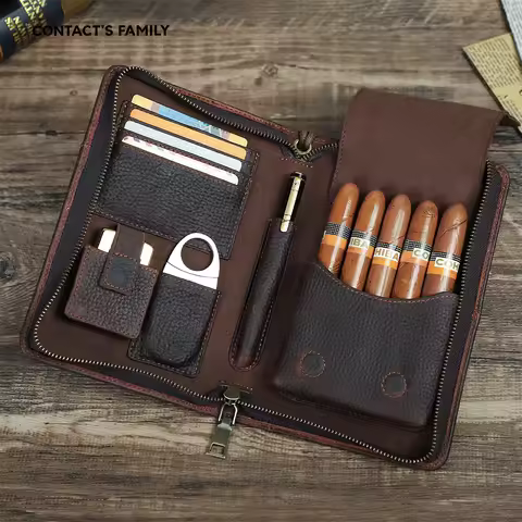 Contact's Family Leather Cigar Case for 5 Cigars Lighter Cutter Travel Portable Humidor Box Cigars A