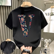 Cotton Summer New Fashion Loose Round Neck Couple Tee Solid Color V Letter Printed Casual Short Slee