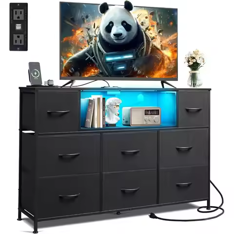 45-55 Inch TV Stand with LED Lights, Charging Station, 8 Drawers and Open Shelves for Living Room an