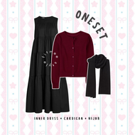 Eunri outfit set ootd cewek 3in1 (atasan outer cardigan crop waffle inner dress ruffle susun hijab p