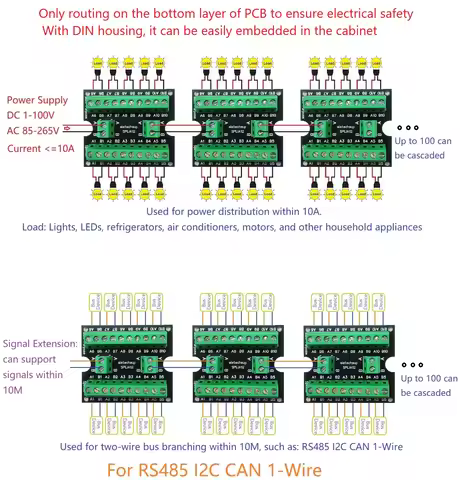 10A Multi-Protocol BUS Splitter RS485 I2C CAN 1-Wire for ESP32 PLC PV Inverter DIN Rail Mount Remote