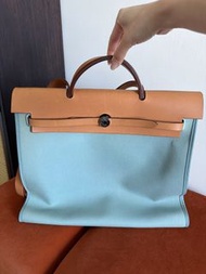 Hermes Herbag Zip Tote Bag Light Blue Canvas Leather