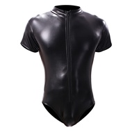 Men's Zipper Faux Leather One-piece Short-sleeved Shirt Patent Leather Jumpsuit Shopee