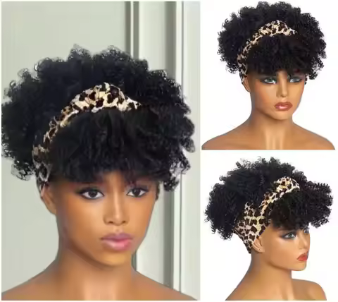 print women's African style wig headband - short curly hair short black wig, curly synthetic black w