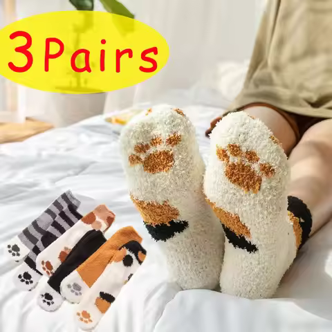 3 Pairs Womens Cats Paw Stripe 3D Socks Thick Girls Cartoon Animal Fingers Sock Hosiery Toe Zebra/Ti