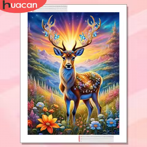 HUACAN Diamond Art Deer Animal Resin Square Drill Diamond Mosaic 5D Sunset Field Painting Kits Squar