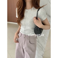 [TINY TINY IA123] Korean Style Mid-Line Crinkle Short-Sleeved Top Round Neck Plain Versatile T-Shirt