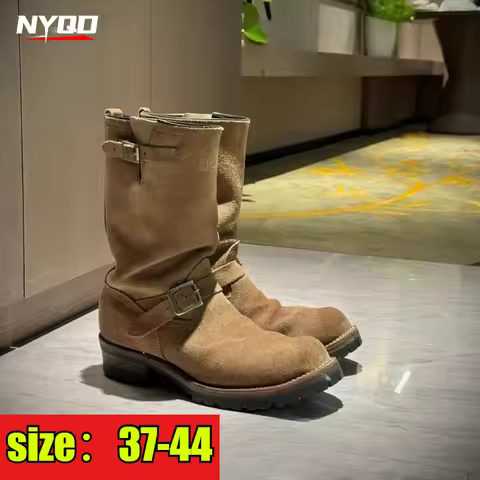Leather Motorcycle Boots Men Women Engineer Shoes American Retro Khaki Suede Mid Calf motorcycle boo