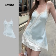 Lovito Casual Top Lace Design Sense Asymmetrical Spring/summer Blue Top for Women LK3AD114 Lovito Tō