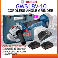 BOSCH GWS18V-10 CORDLESS ANGLE GRINDER  BRUSHLESS MOTOR C/W 2x 4.0AH 18V PROCORE BATTERY + GAL18V40 