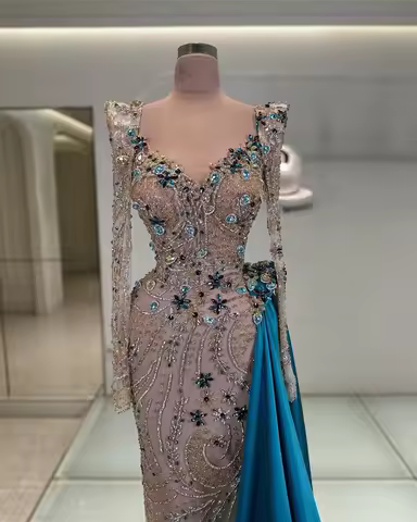 Ladies Maxi Long Prom Dresses WIth Side Overskirt 2025 Dubai Arabic Beading Wedding Guest Gown Birth