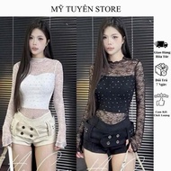 Mesh Shirt Set 2 Stone-embellishedPiece with Pretty Undershirt, Freesize Under 52kg - MTS