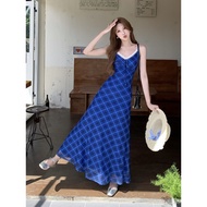 Beautiful One-Piece Dress Klein Blue Plaid One-Piece Dress Suspender One-Piece Dress Ladies One-Piec