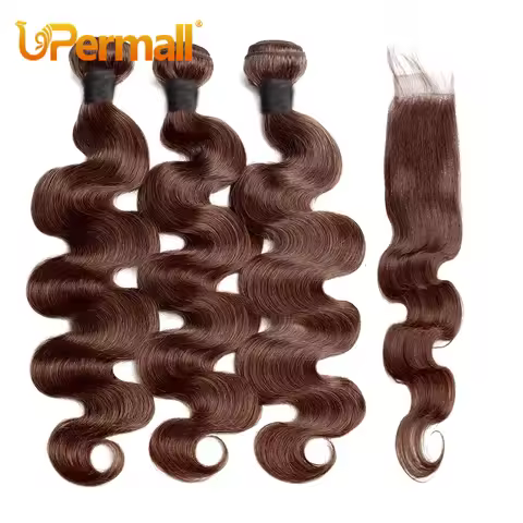 Upermall Chocolate Brown 2/3/4 Human Hair Bundles With Closure kim k 2x6 Straight Body Wave Transpar