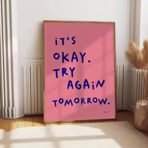 Inspired "It's Okay To Try Again Tomorrow" Pink Blue Quote Canvas Print Poster Modern Minimalist Art