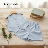 Lovito Children's Elegant Shorts Set Button Front Simple Spring/Summer Blue Shorts Outfit for Girls 