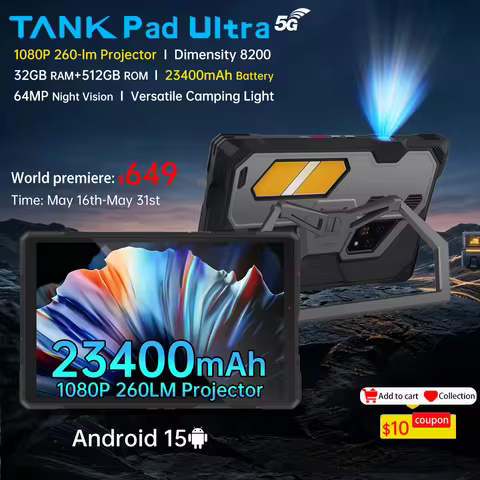 Unihertz 8849 Tank Pad Ultra-Global 1st Rugged Tablet with 260-lumen 1080PProjector, Night Vision La