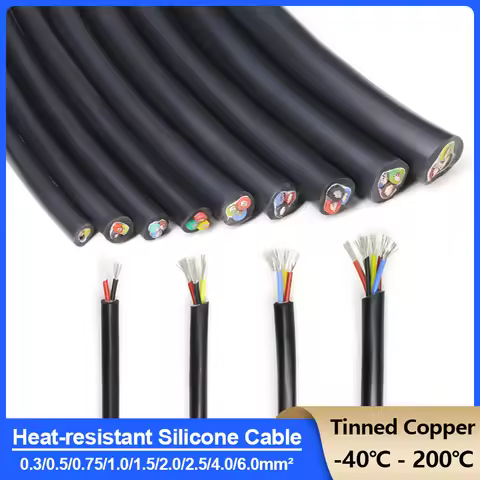 Black Multi-Core Silicone Rubber Cable 2/3/4/6Core Flexible Insulated Heat-resistant 200℃ Electrical