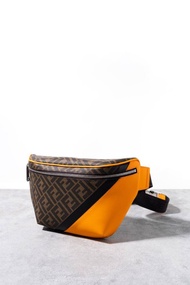 Tas Pria Fendi FF Logo Diagonal Bumbag Black - Orange Original