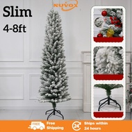 NUVOX 7ft Slim Christmas tree Thick Branch Tips Hinged Pencil Slim Xmas Tree With Snow
