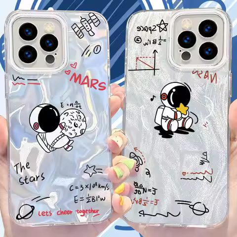 Cartoon Astronaut Camlet Laser Phone Case for iPhone 16 15 14 13 12 11 Pro Max XR XS X 8 7 6S 6 Plus