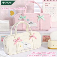 CFSTORE Cartoon Cat Embroidery Pencil Case Bowknot Large Capacity Handheld Korean Stationery Bag Pas