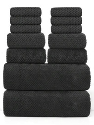 12入組經典黑色菠蘿格子圖案珊瑚絨毛巾套裝,包括2條沐浴巾、4條手巾和6條洗臉巾,柔軟舒適,吸水迅速,適合日常使用