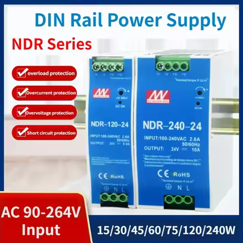 NDR-75/120/240/480W SeriesDIN Rail Switching Power Supply AC 90-264V Input 12V/24V Output for Indust