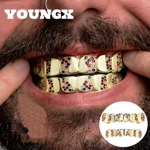 YOUNGX Iced Out CZ Stone Grillz Teeth USA Flag Red Blue Color Zircon Mirror 6 Teeth Top Bottom Hip H