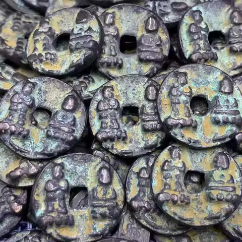 Chinese Old Original Coin Feng Shui Lucky Golden Boy and Girl Coins 22mm Ancient Copper Money Ching