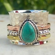 Huajie Retro Imitation Turquoise Ring Water Drop Tricolor Domineering Bohemian Style Ring260806D DD