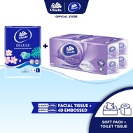 Vinda Deluxe Soft Pack Facial Tissue Large 3ply (4x110s) + Vinda Prestige 4D Deco Toilet Tissue 3ply (16 Rolls)