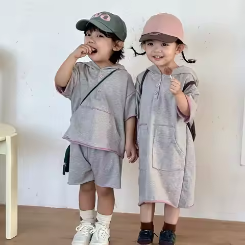 RAISE Children Brother Sister Set New Summer Kid Short Sleeve Hoodies Shorts Outfits Big Pocket Baby