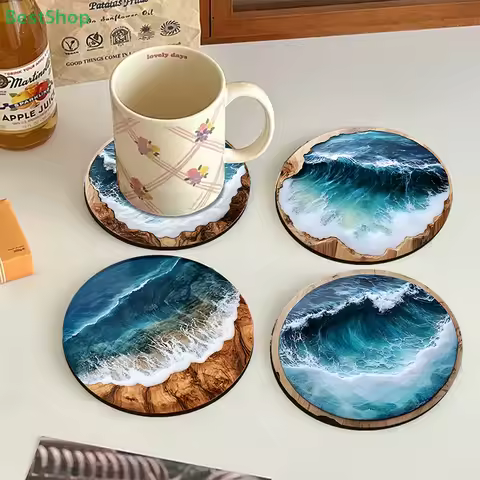 Blue Ocean Round Wooden Coasters & Placemats Set - Home, Cafe, Party Table Decor, Durable Drink Coas