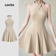 Lovito Elegant Dress Criss Cross Ruffle Hem Button Spring/summer Khaki Dress for Women DRB199P2D584 