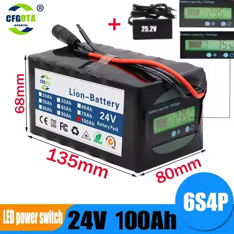 24V Battery 6S4P Battery Pack 100Ah Rechargeable Lithium Battery Suitable For 250W motor With Capaci