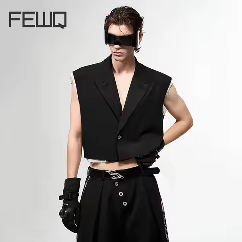 FEWQ Fake Two-piece Men's Suit Vests Lapel Contrast Color Raw Edge Casual Menswear Loose Single Butt