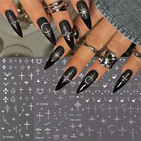 6pcs/set Metal Gold Cross Starlight Nail Sticker Y2K 3D Shiny Moon Star Nail Decal 8*10cm Self-Adhes