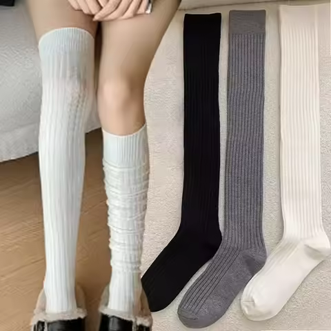 6pcs Vertical Stripe Thigh High Thermal Socks Warm Over-the-Knee Long Tube Hosiery for Autumn Winter