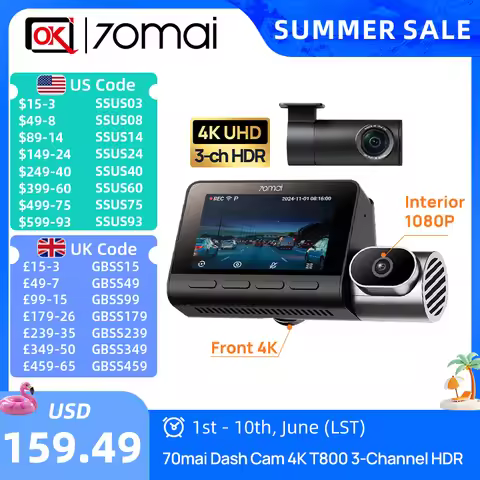 70mai 4K T800 3-Channel HDR Car DVR Supercapacitor WiFi 6 Voice Control 4G Compatible 4G Monitor GPS